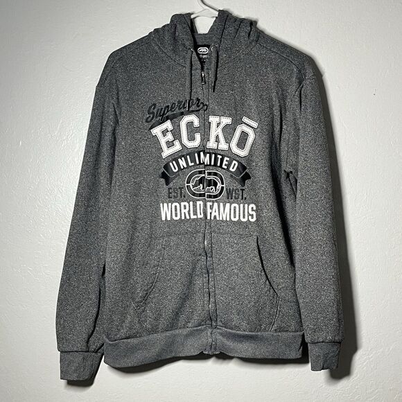 Ecko Unltd Hoodie Sweatshirt Mens Medium Gray Full Zip Big Logo Pockets Long Slv - Picture 1 of 10